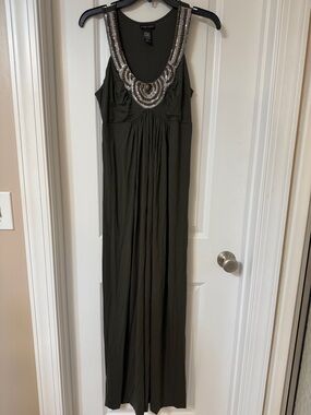 New York & Company Olive Maxi Dress with Beaded Scoop Neck